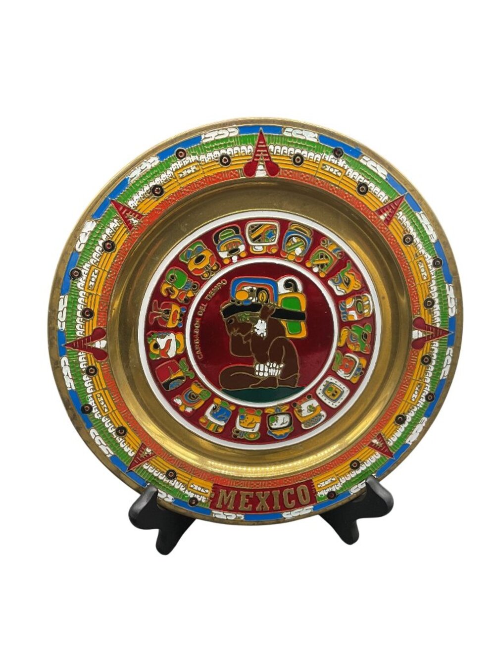 Vintage Mexican Aztec Calendar Plate Painted on Brass Wall Hanging 11" Diam